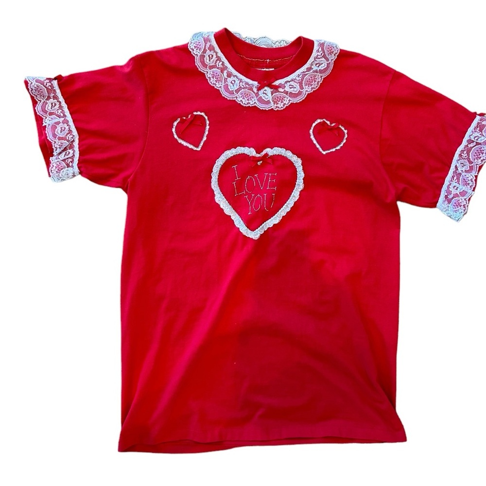 Vintage 80s I Love You Heart Tee Lace Puffy Paint